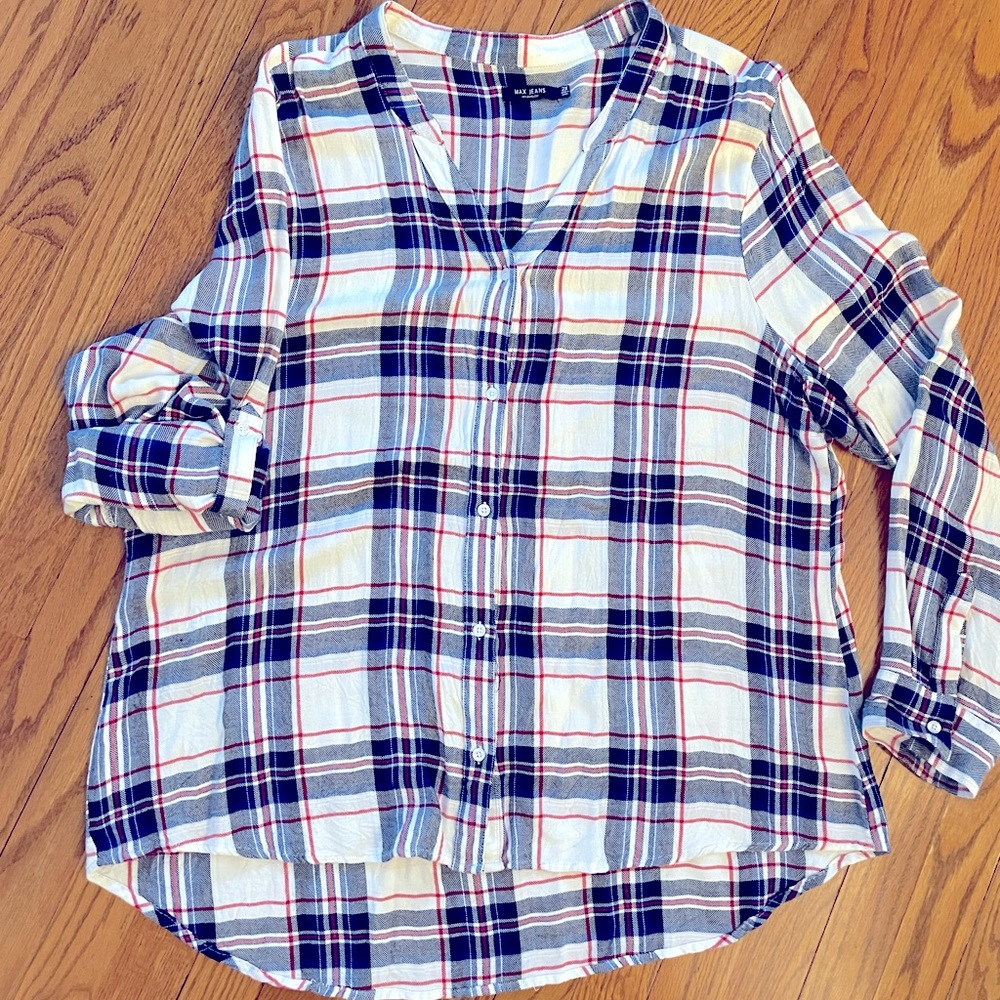 Max Jeans Collarless plaid button down